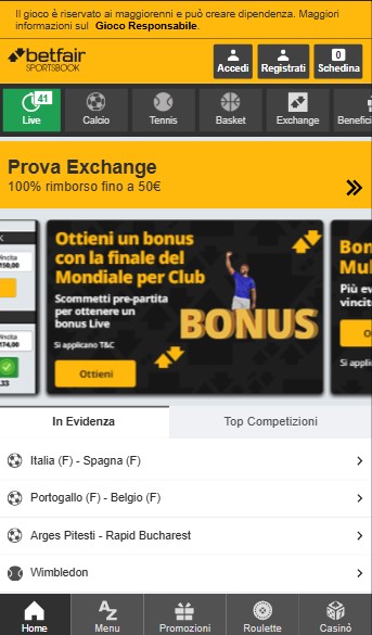 Betfair Homepage Italia sports