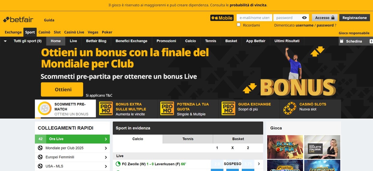Betfair Homepage ITalia