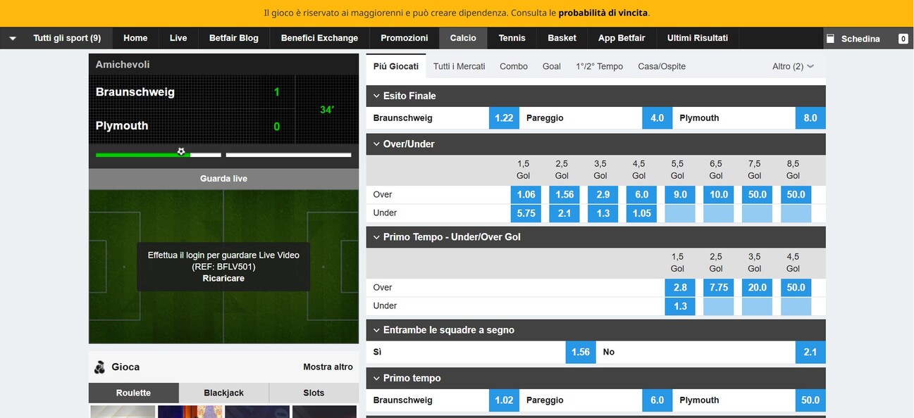 Betfair Live Betting italia