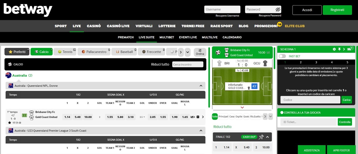 Betway Italia Live Betting pc