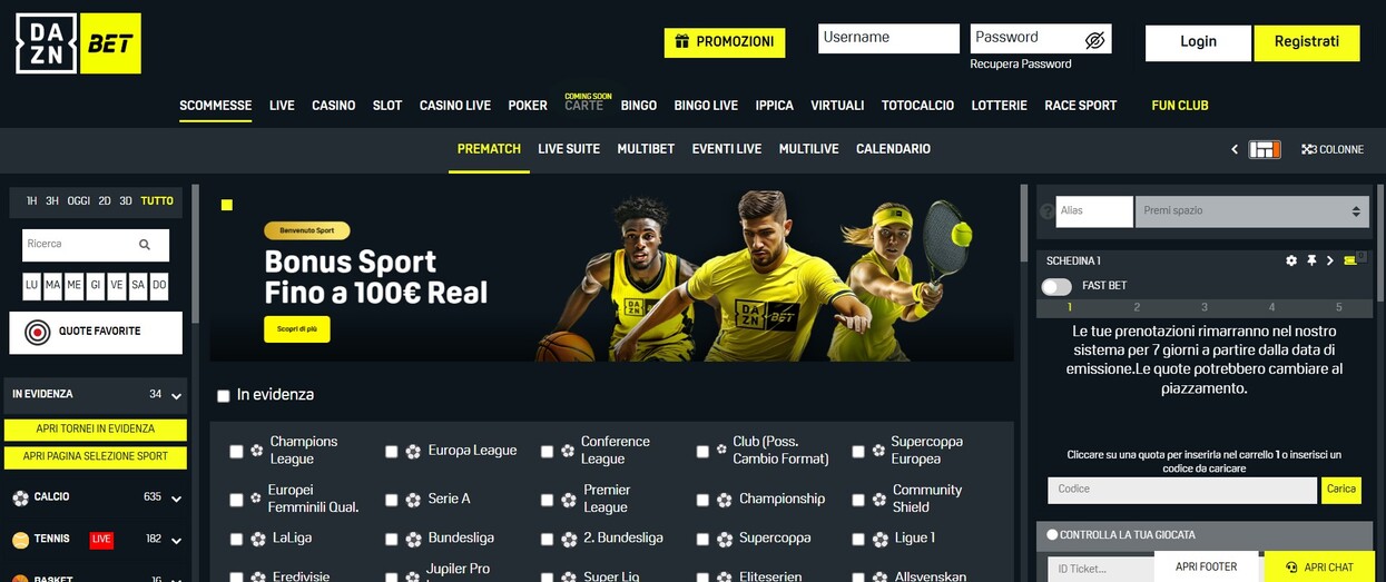 DAZN Bet Homepage Sports Italia