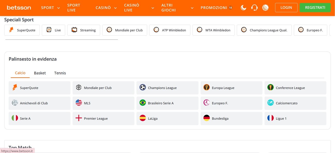 Homepage Betsson Italia Sports