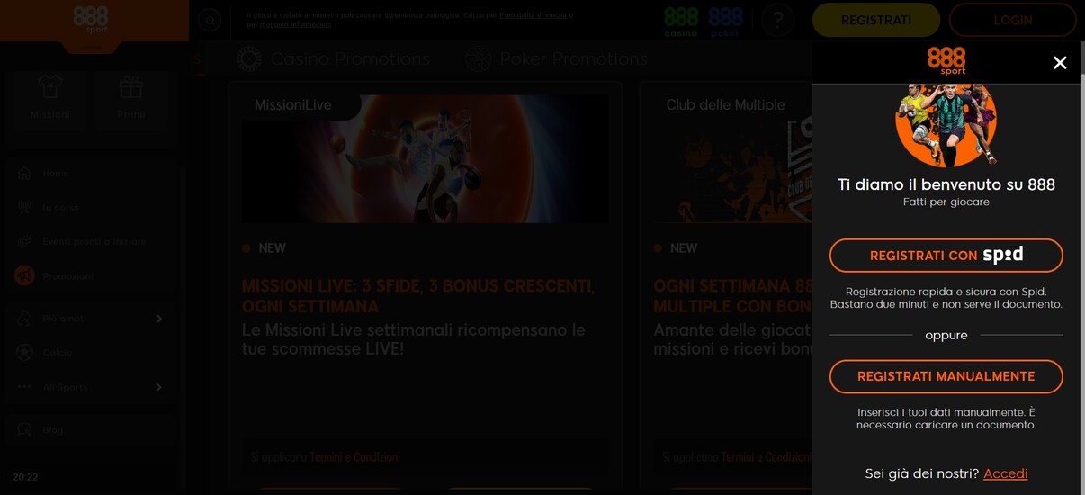 Registrazione 888sport Italia