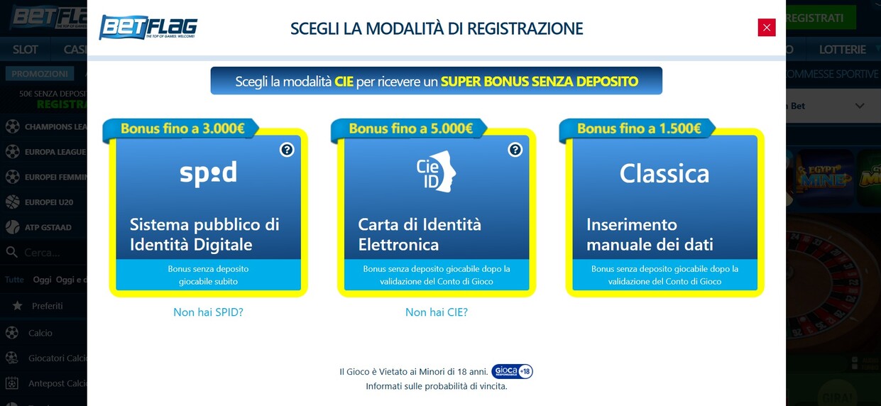 Registrazione Betflag Italia pc