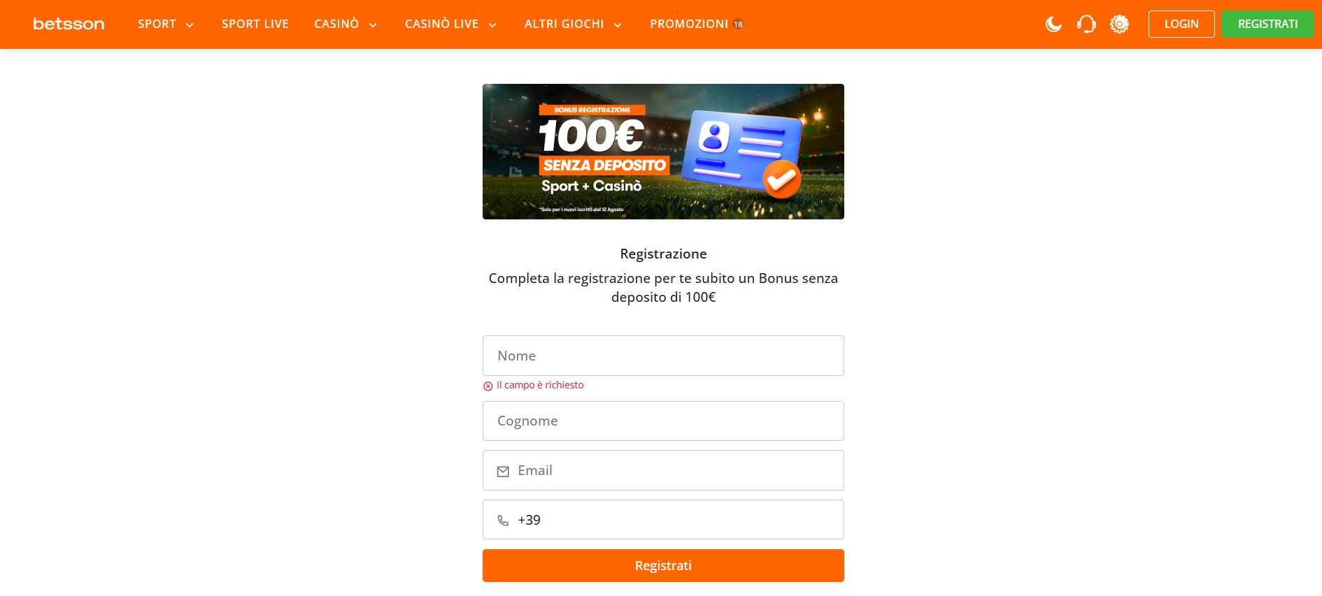 Registrazione Betsson Italia Sports