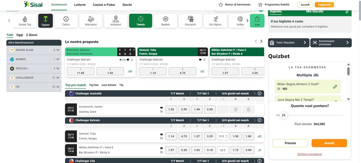 Sisal Scommesse Sportive Italia Tennis pc