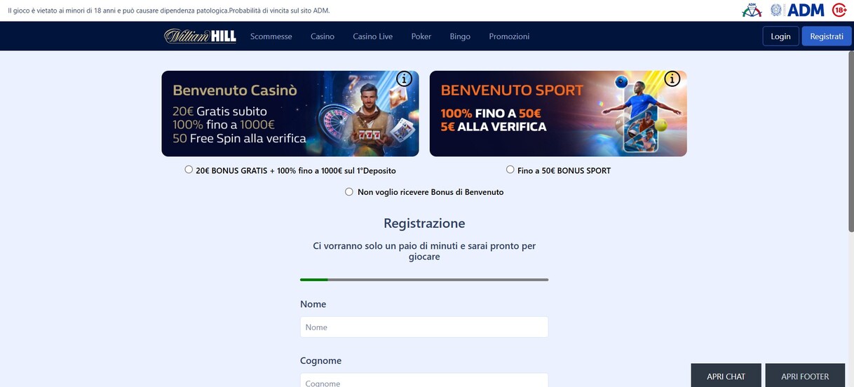 William Hill Registrazione Sport