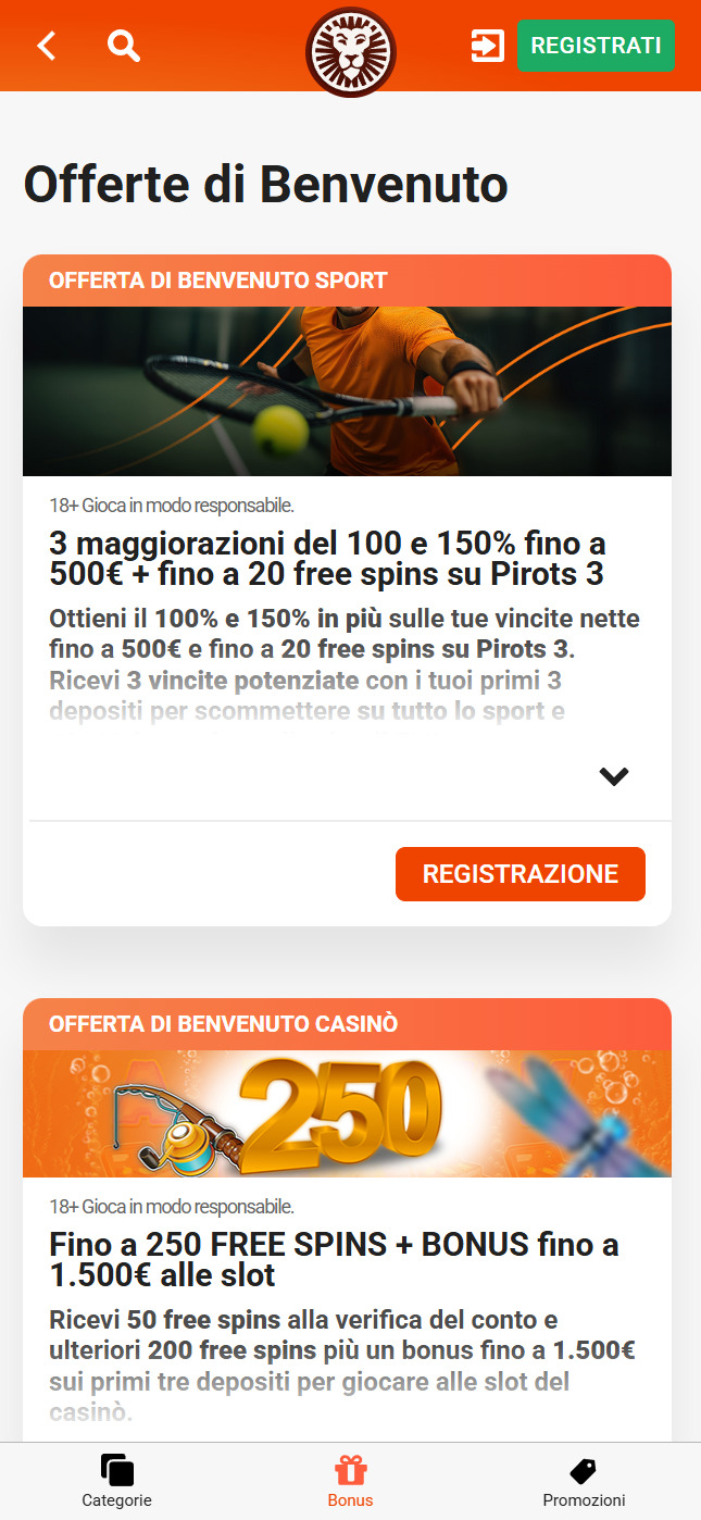 LeoVegas bonus e promozioni móvil