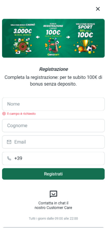 Registrazione a Gekobet móvil
