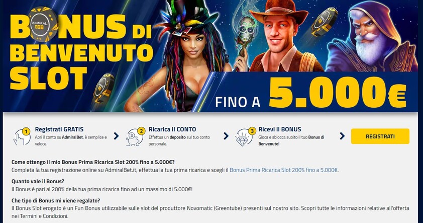 Bonus di benvenuto Slot 200% fino a 5000€ Admiralbet Italia Casino