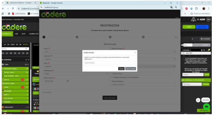 Codere Scommesse Italia Registrazione Passo2