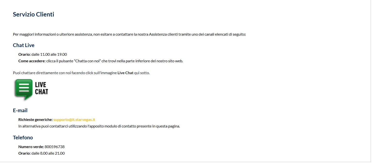 Contatti Starvegas Scommesse Italia pc