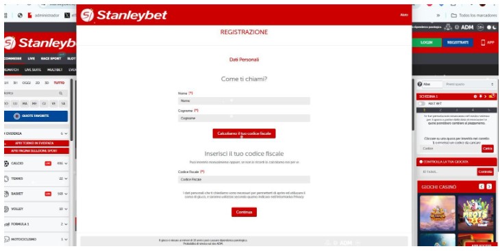 Registrazione Stanleybet Scommesse Italia Passo2